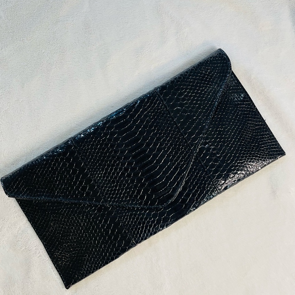 Oversized Black Snakeskin Envelope Clutch